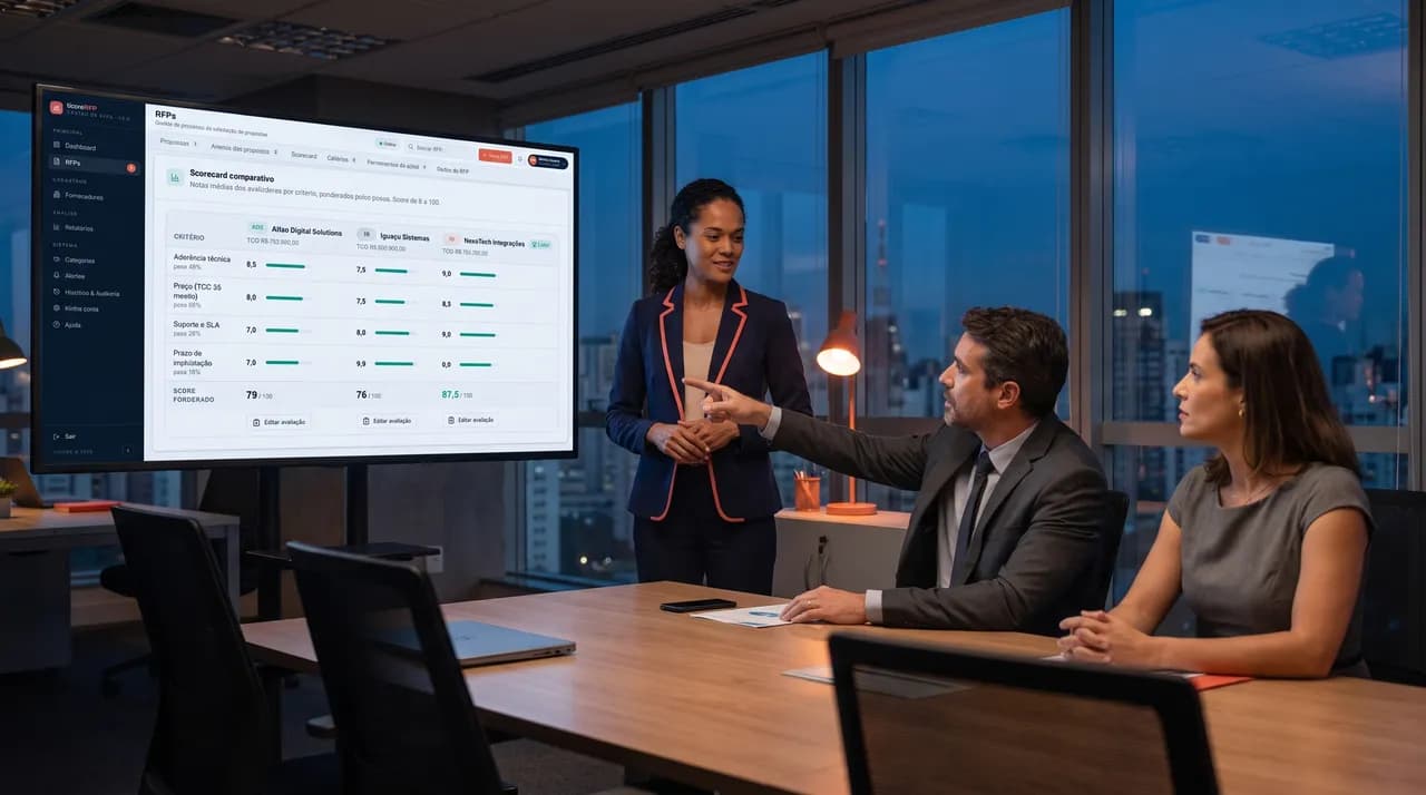 Dramatização: equipe de compras analisa o scorecard comparativo em um telão na sala de reunião